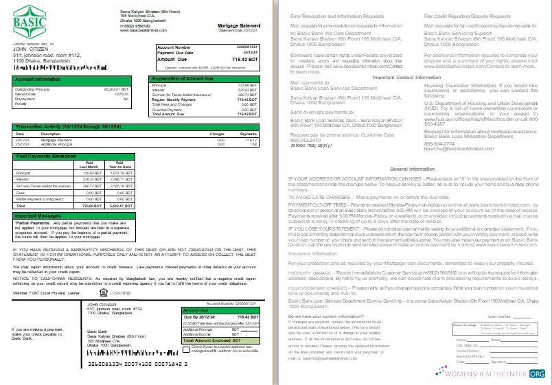 Download Bangladesh Basic Bank bank mortgage statement, 2 pages, 1 2 scr Photoshop template